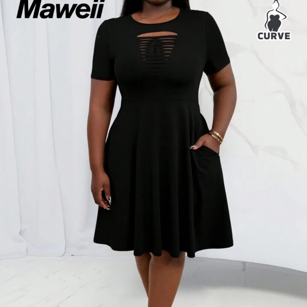 Black Midi A-line Dress with Cutout Neckline and Short Sleeves for Night Out